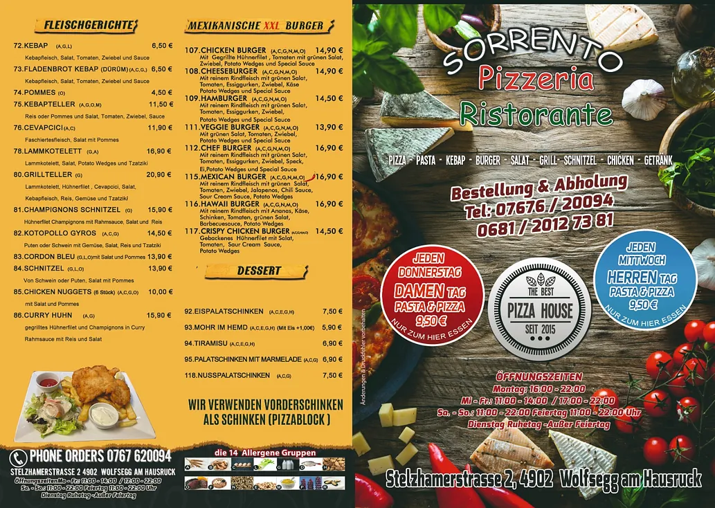 Speisekarte Sorrento Pizzeria Ristorante in Wolfsegg am Hausruck